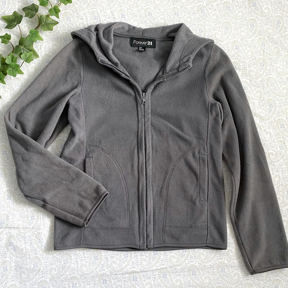 F21 light fleece hooded zip jacket, gray